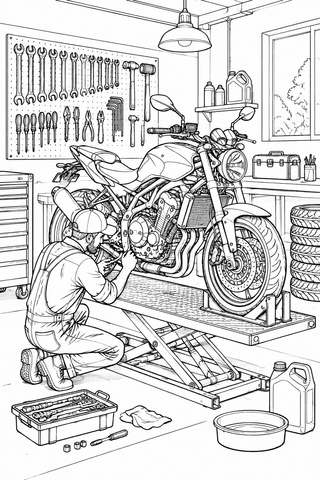 Motorrad Ausmalbild: Motorrad in der Werkstatt