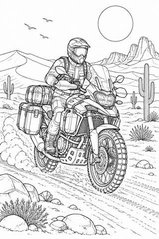 Motorrad Ausmalbild: Reise-Motorrad in der Wüste
