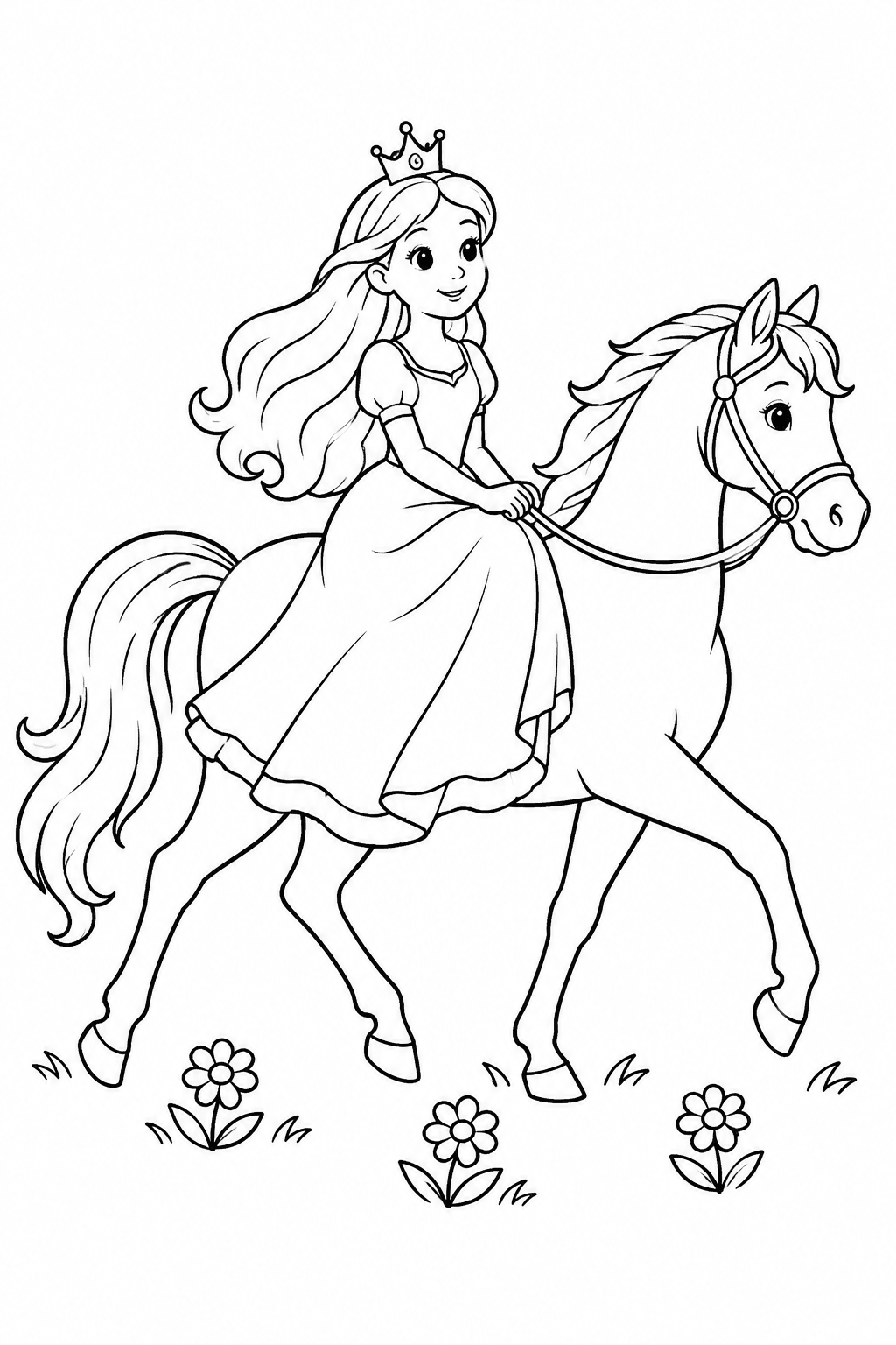 Prinzessin reitet im Damenkleid über eine Wiese als Ausmalbild