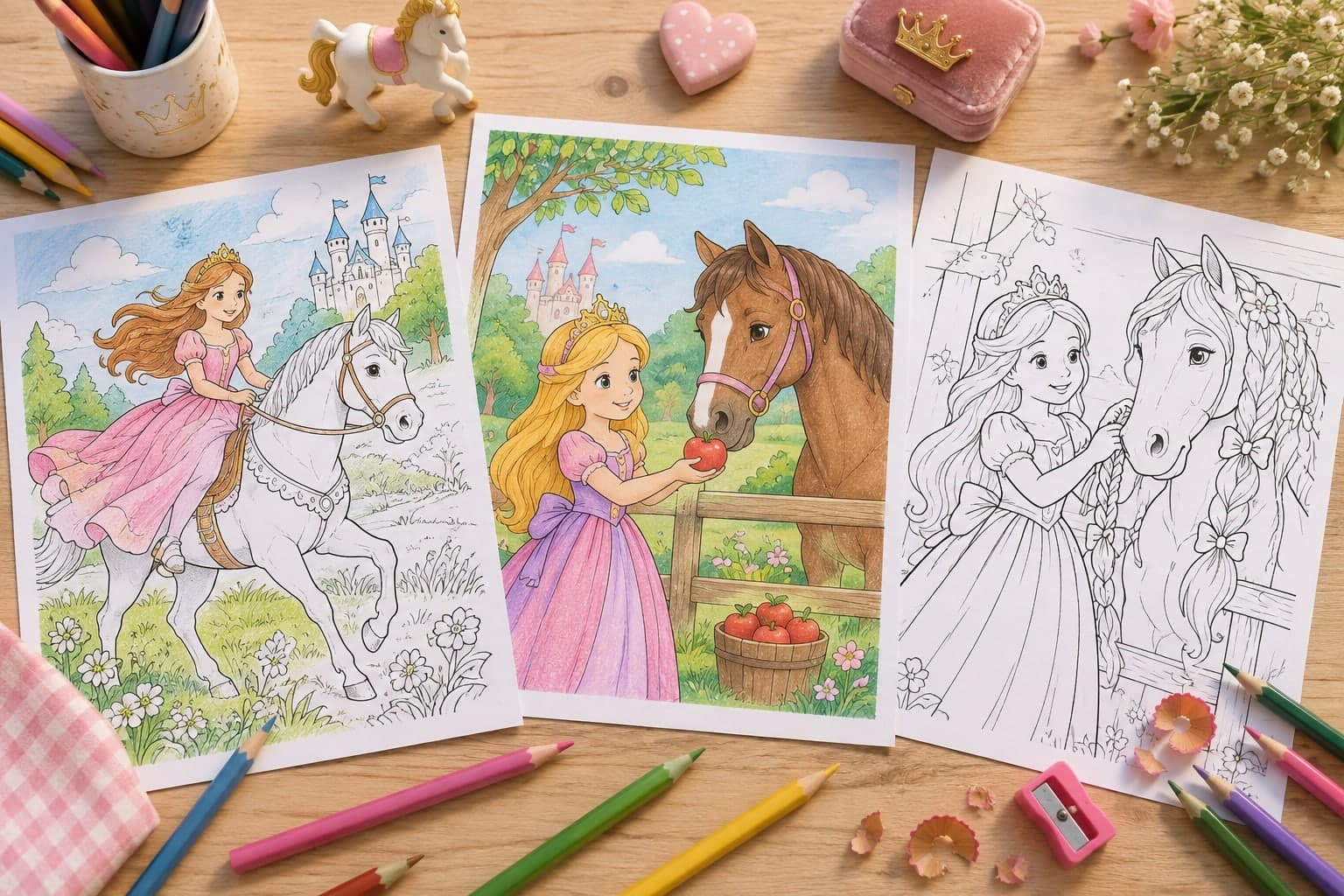 Titelbild: Prinzessin mit Pferd: Ausmalbilder zum Ausdrucken
