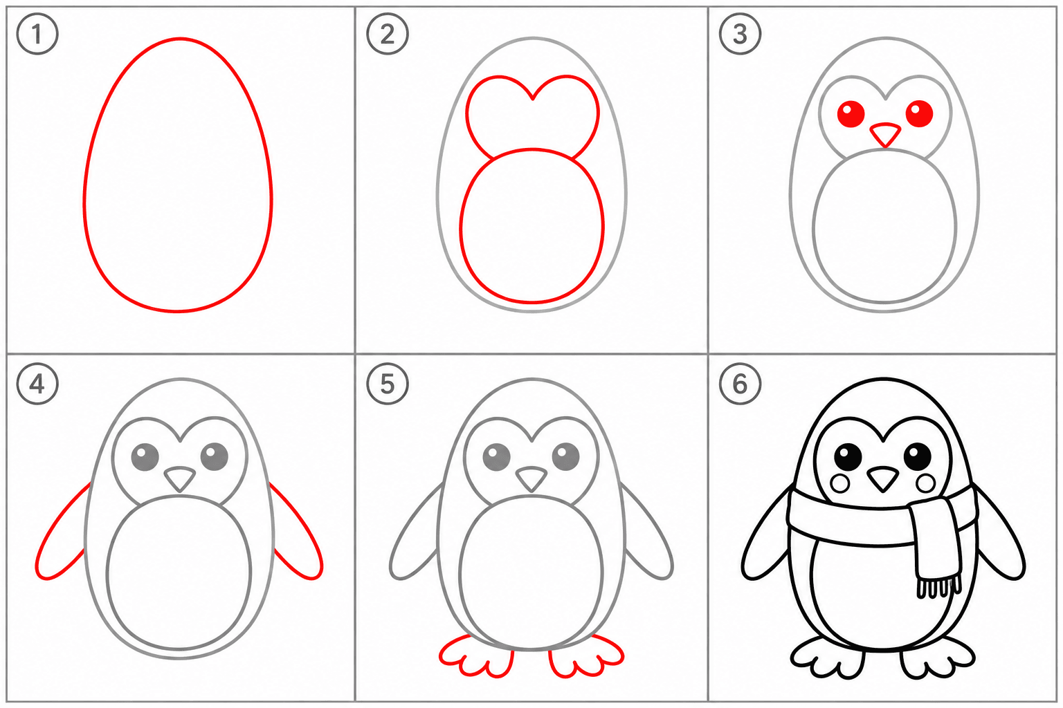 Pinguin malen einfach: alle 6 Schritte auf einen Blick