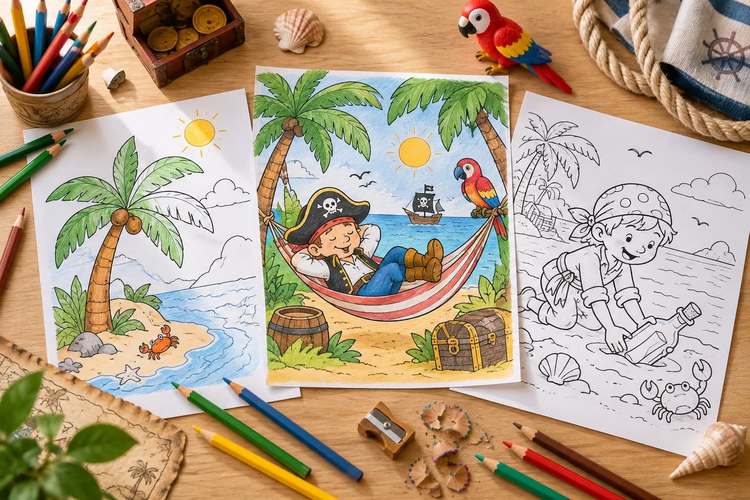 Titelbild: Pirateninsel: Ausmalbilder mit Palmen und Strand