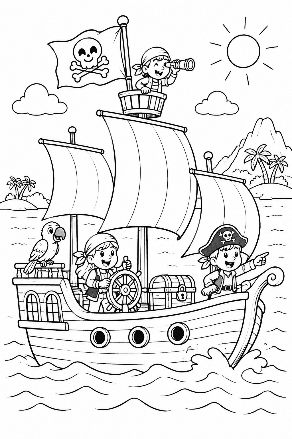 Piratenschiff mit vollen Segeln als Ausmalbild