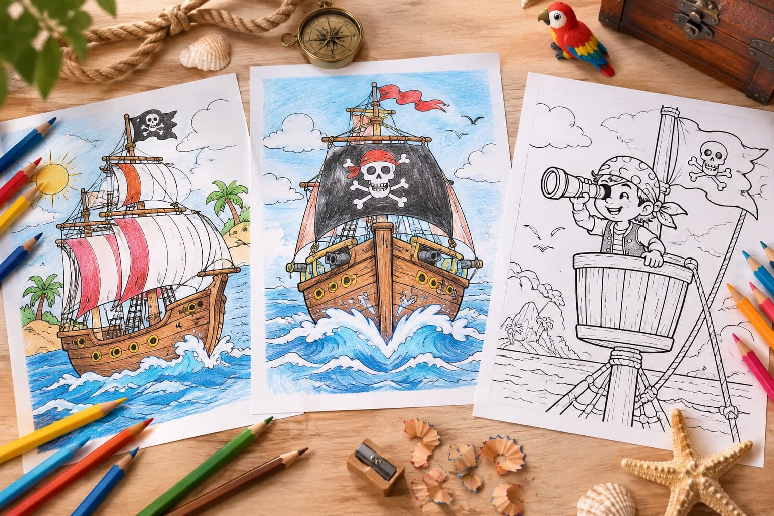 Titelbild: Piratenschiff: Ausmalbilder mit Segeln und Flagge
