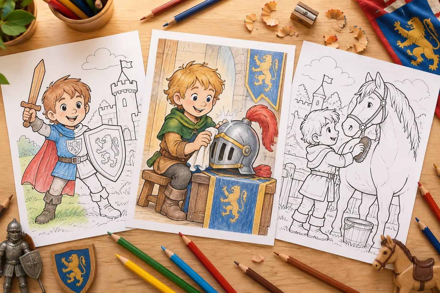 Titelbild: Knappe und kleiner Ritter: Ausmalbilder für Kinder