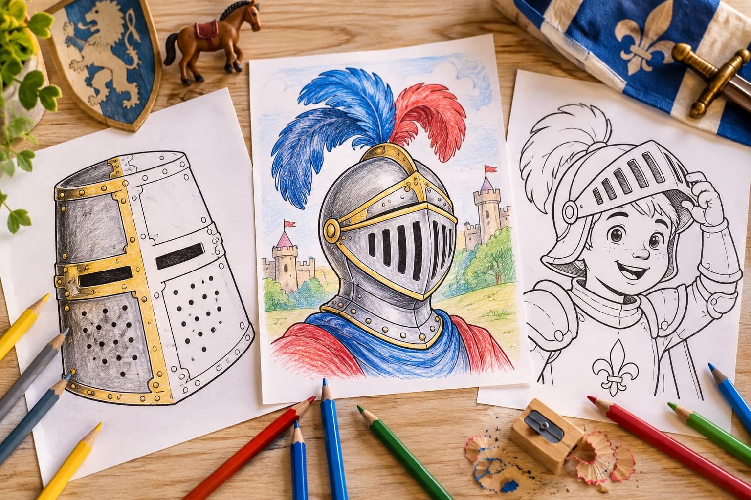 Titelbild: Ritterhelm und Rüstung: Ausmalbilder zum Ausdrucken