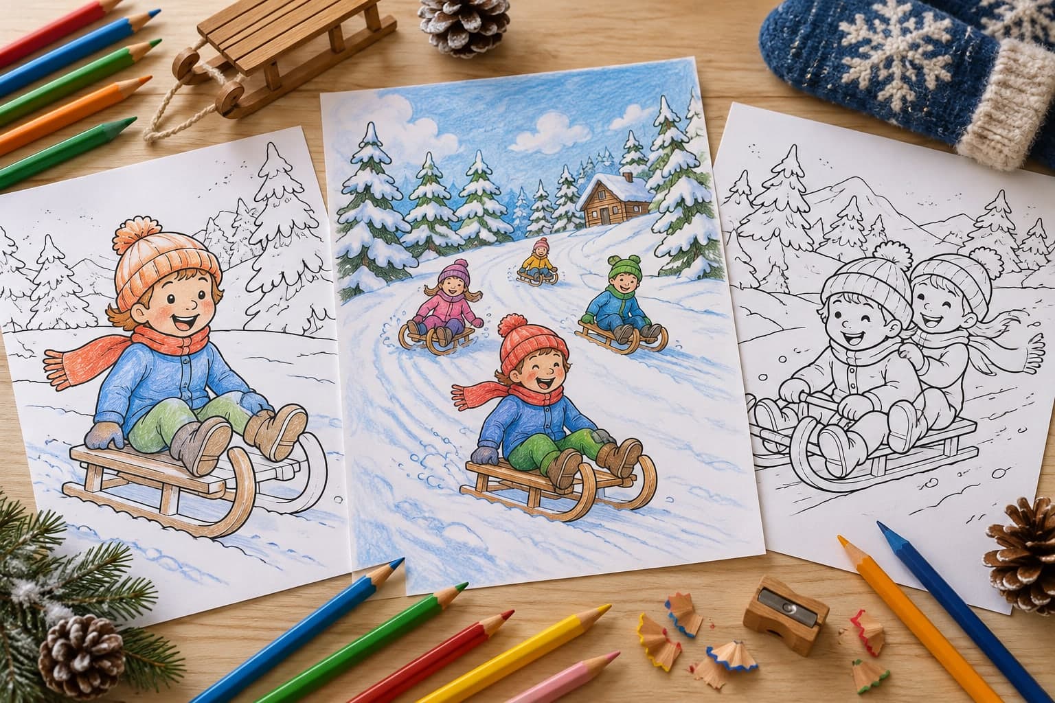 Titelbild: Schlittenfahren: Ausmalbilder für Wintertage im Schnee