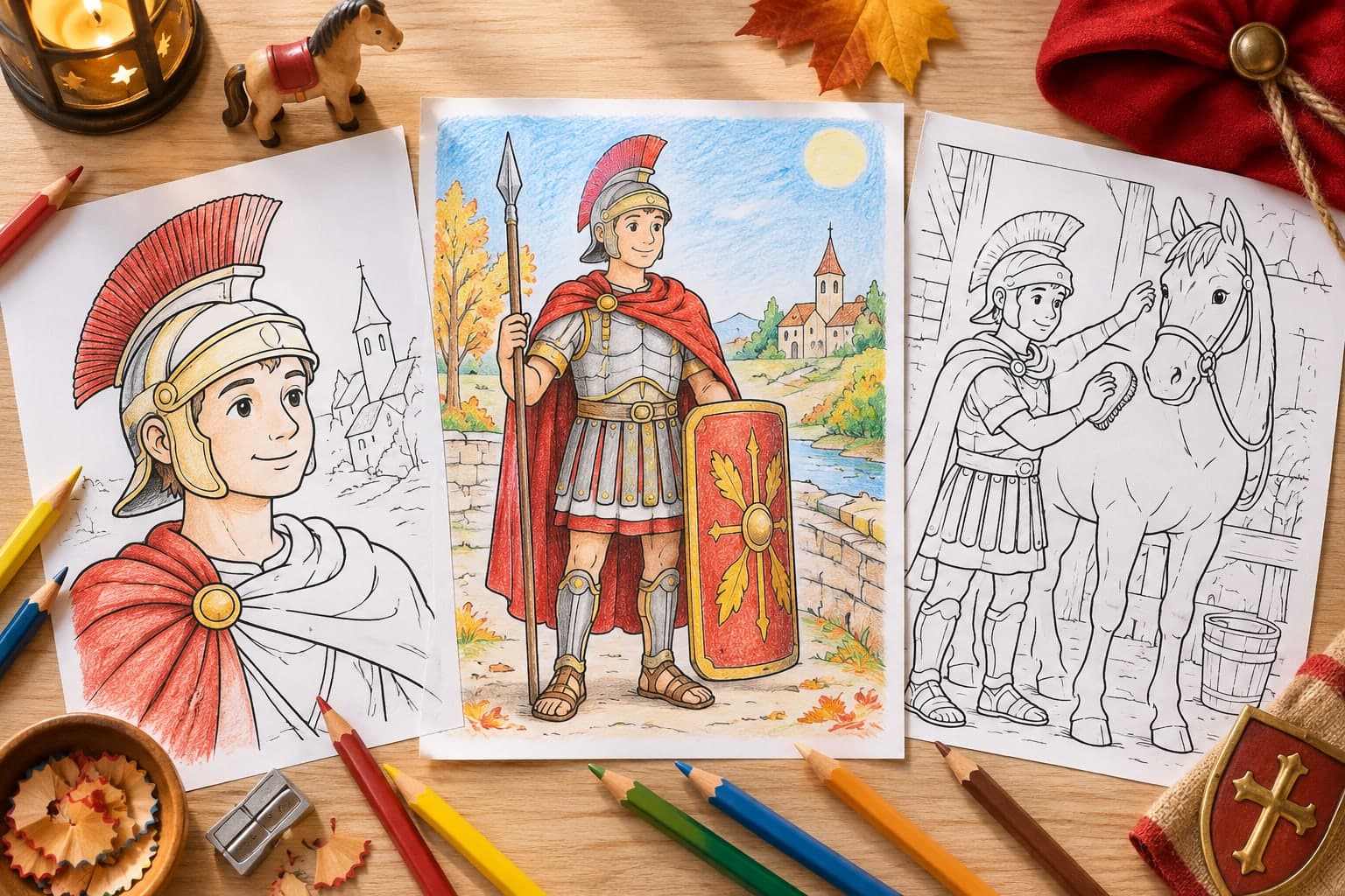 Titelbild: St. Martin als Soldat: Ausmalbilder mit Helm und Mantel