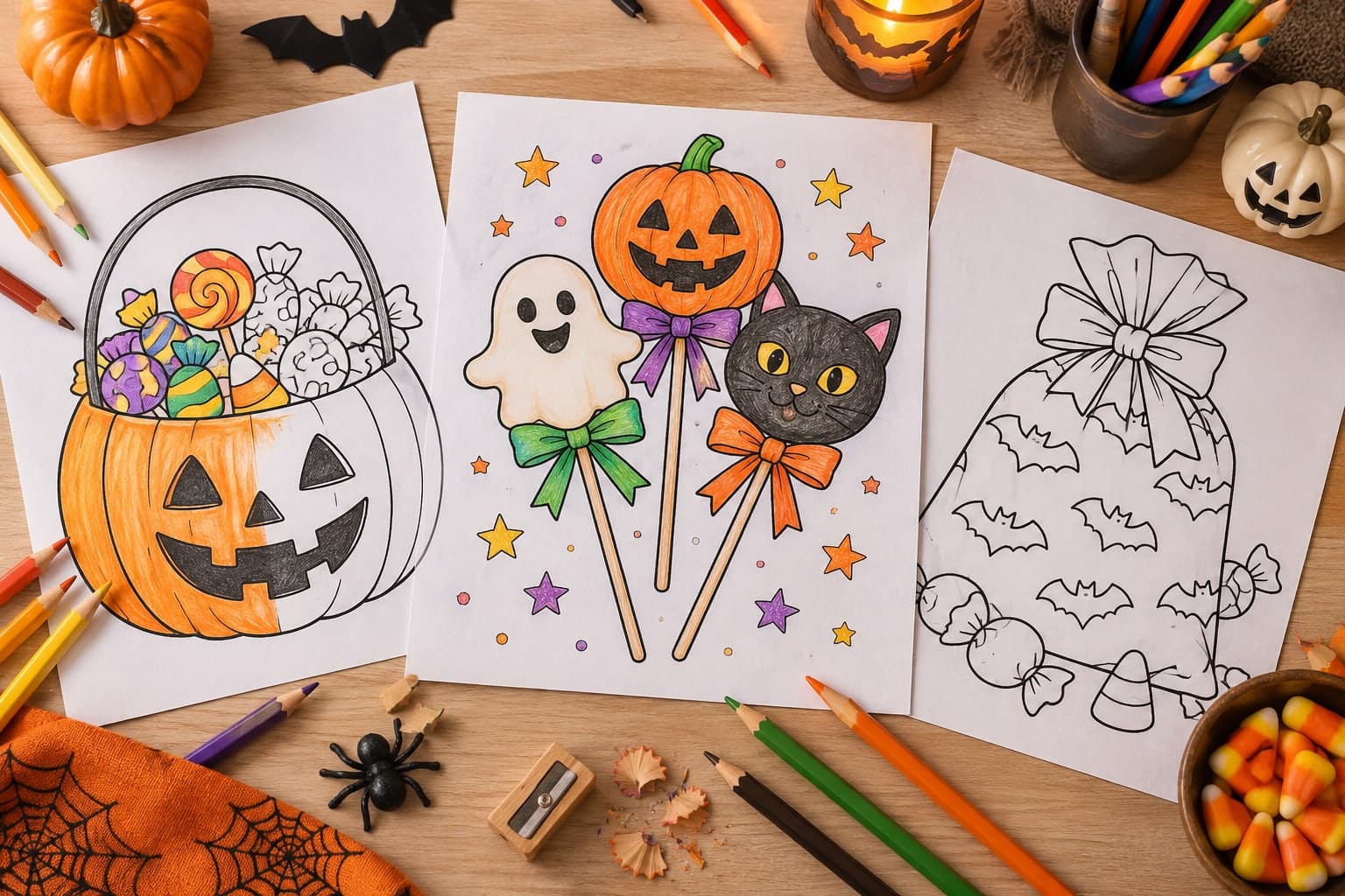 Titelbild: Süßes oder Saures: Ausmalbilder mit Halloween-Naschwerk