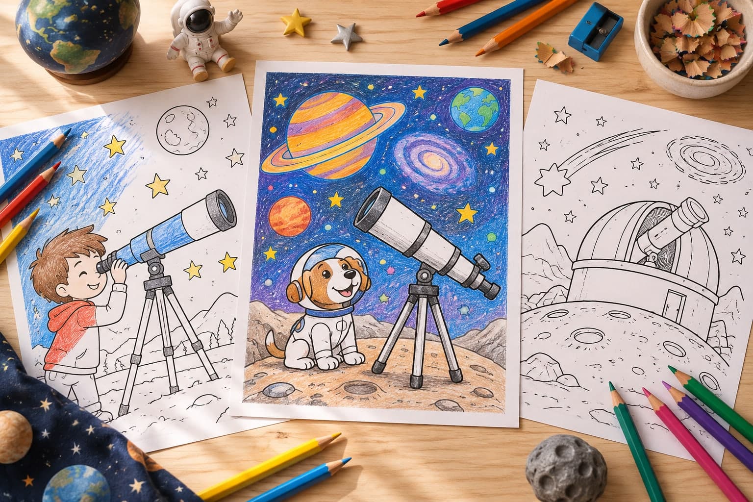 Titelbild: Teleskope Ausmalbilder im Weltraum: Kreativer Spaß für große Entdecker