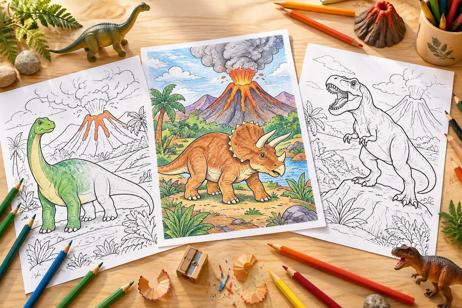Titelbild: Vulkan-Ausmalbilder mit Dinosauriern kostenlos ausdrucken