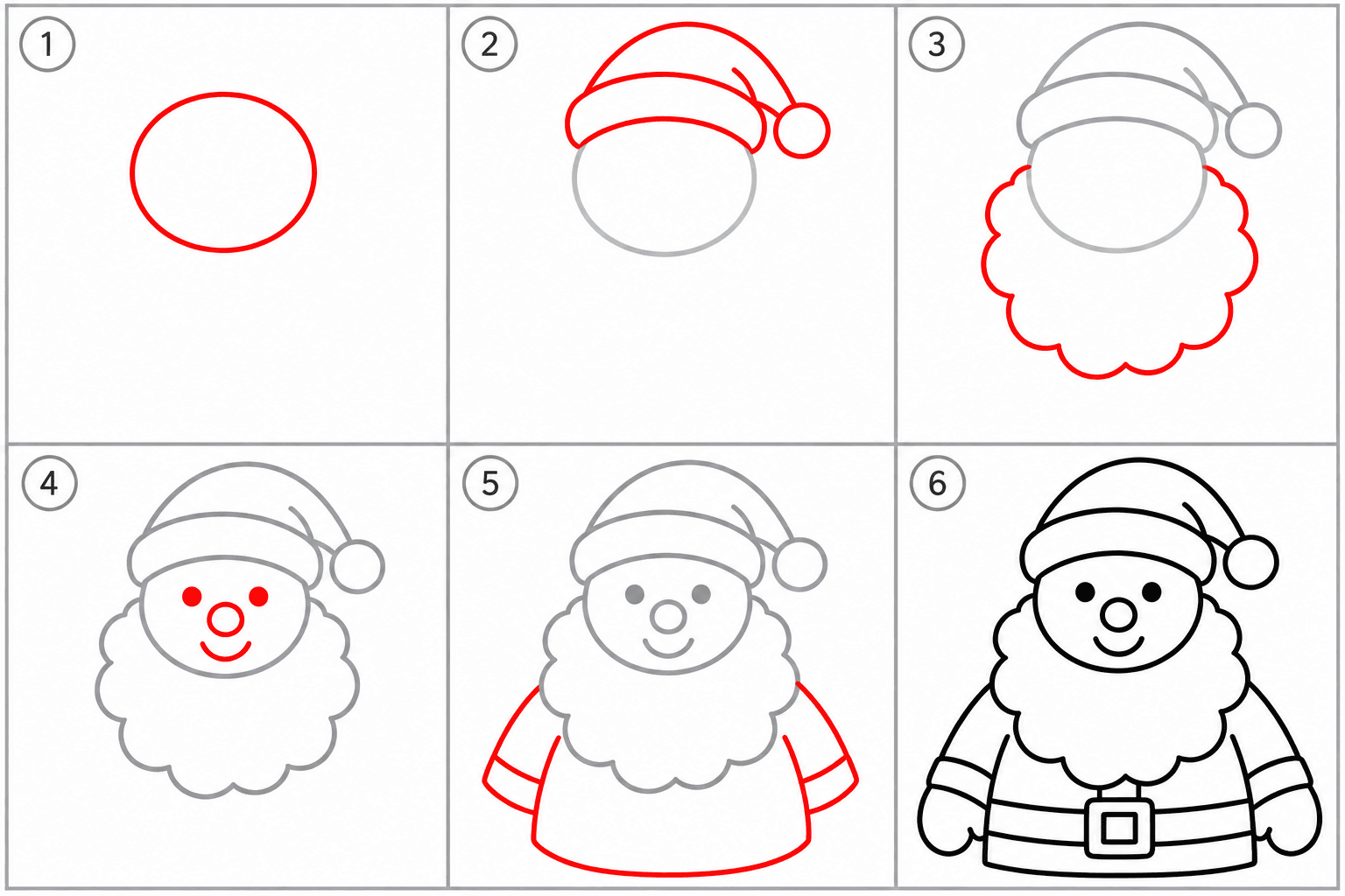 Weihnachtsmann malen einfach: alle 6 Schritte auf einen Blick