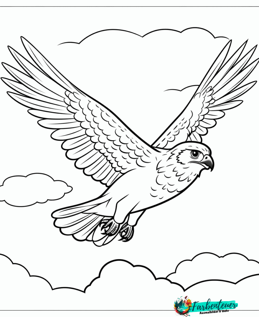 Falke fliegt durch Wolken am Himmel.