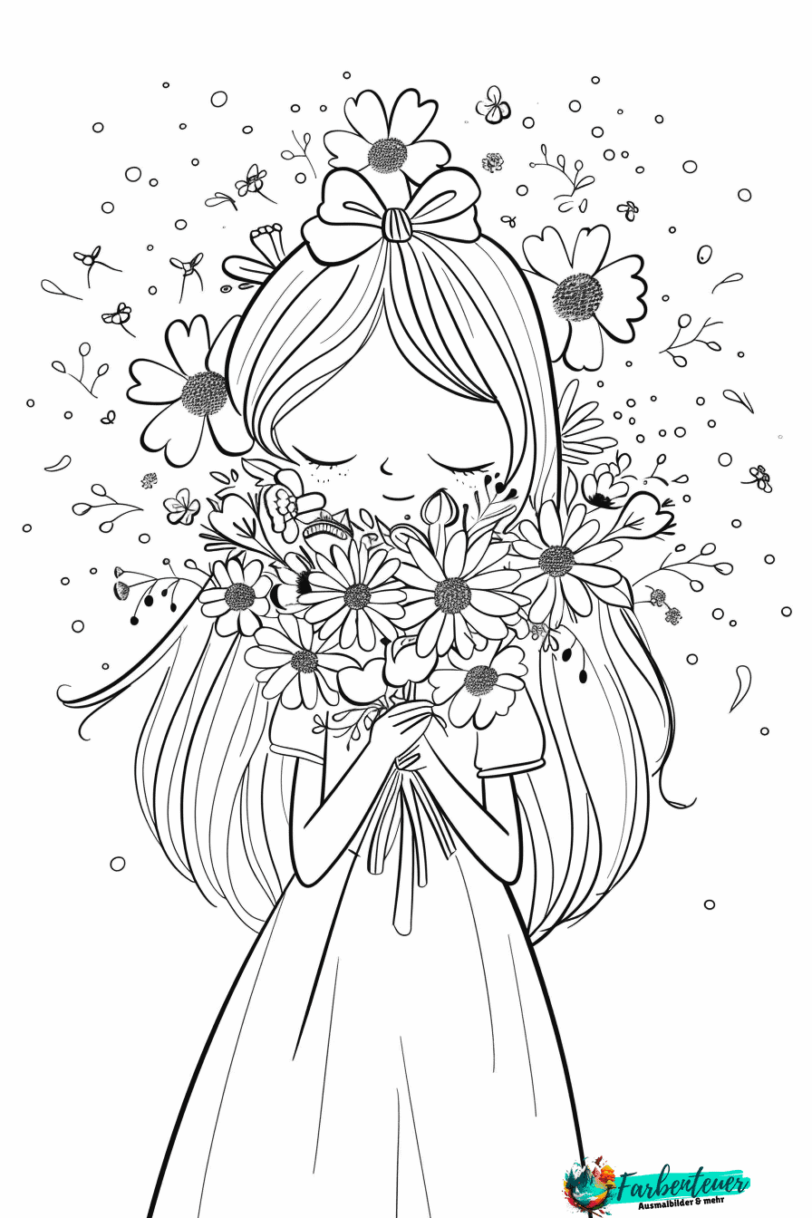 Mädchen mit Blumen Ausmalbilder – Kreativer Malspaß - farbenteuer.com