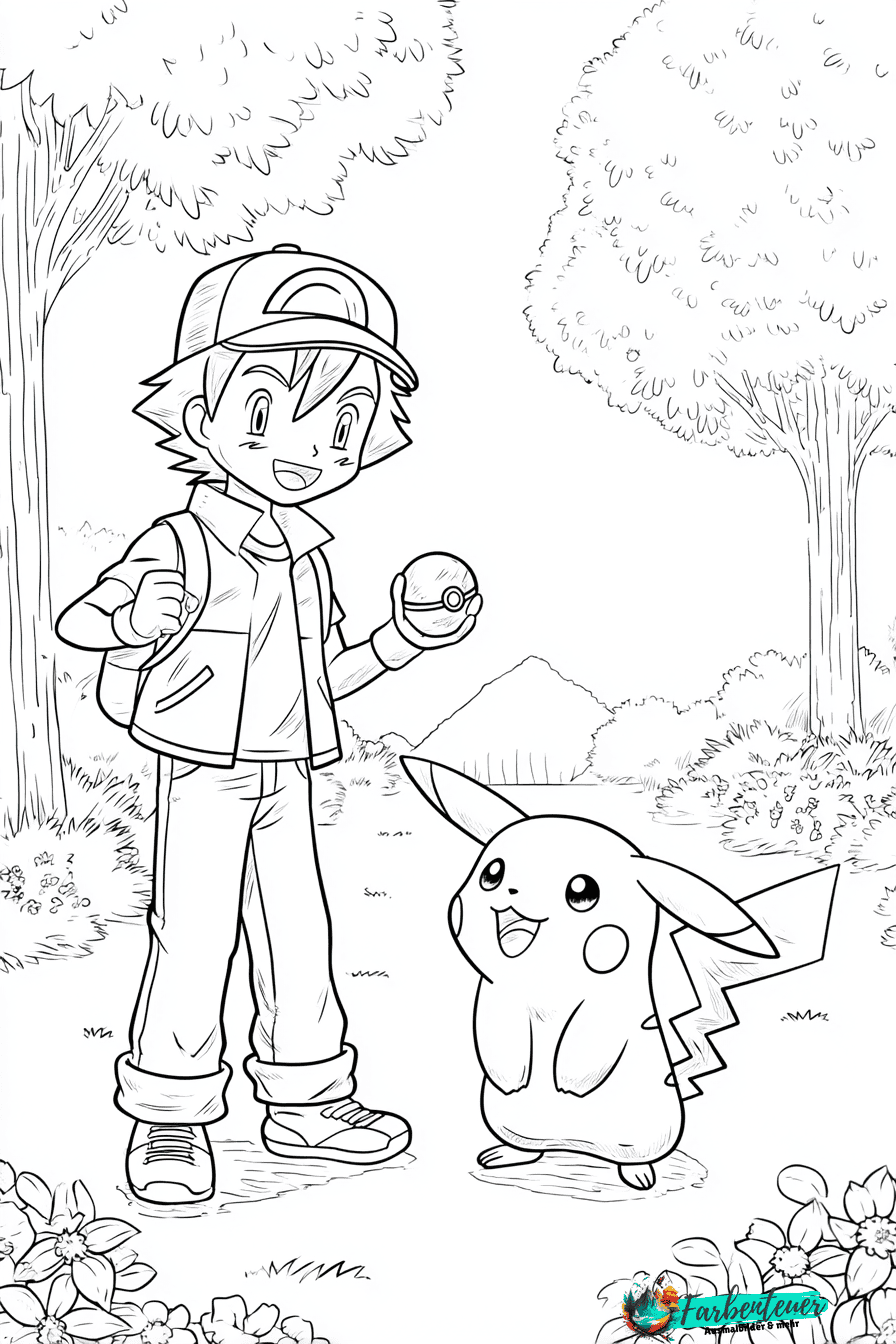 Pikachu mit Trainer Ausmalbild 1